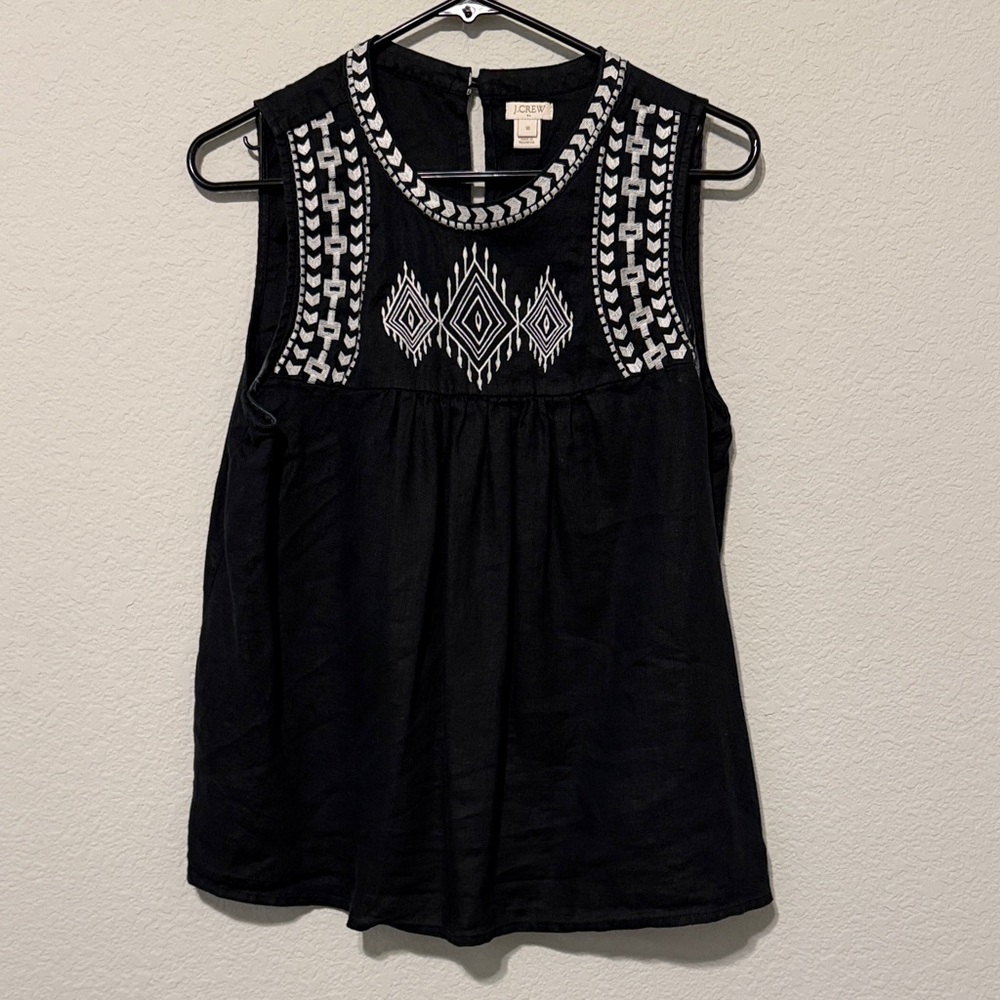 I Crew Linen Top with White Embroidery